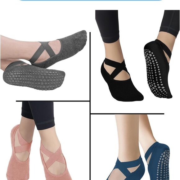 Pilates Grip Socks for Women Non Slip Skid Yoga Socks with Grips Straps for Ball - Picture 2 of 8